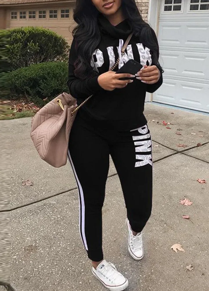Sidiou Group Women Sport Set Sweatershirt Pants Letter Print Turtleneck Splicing Side