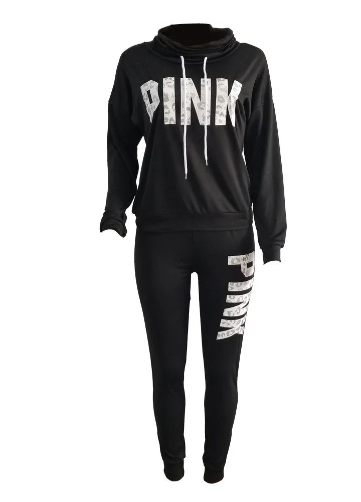 Sidiou Group Women Sport Set Sweatershirt Pants Letter Print Turtleneck Splicing Side