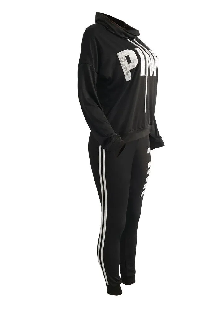 Sidiou Group Women Sport Set Sweatershirt Pants Letter Print Turtleneck Splicing Side