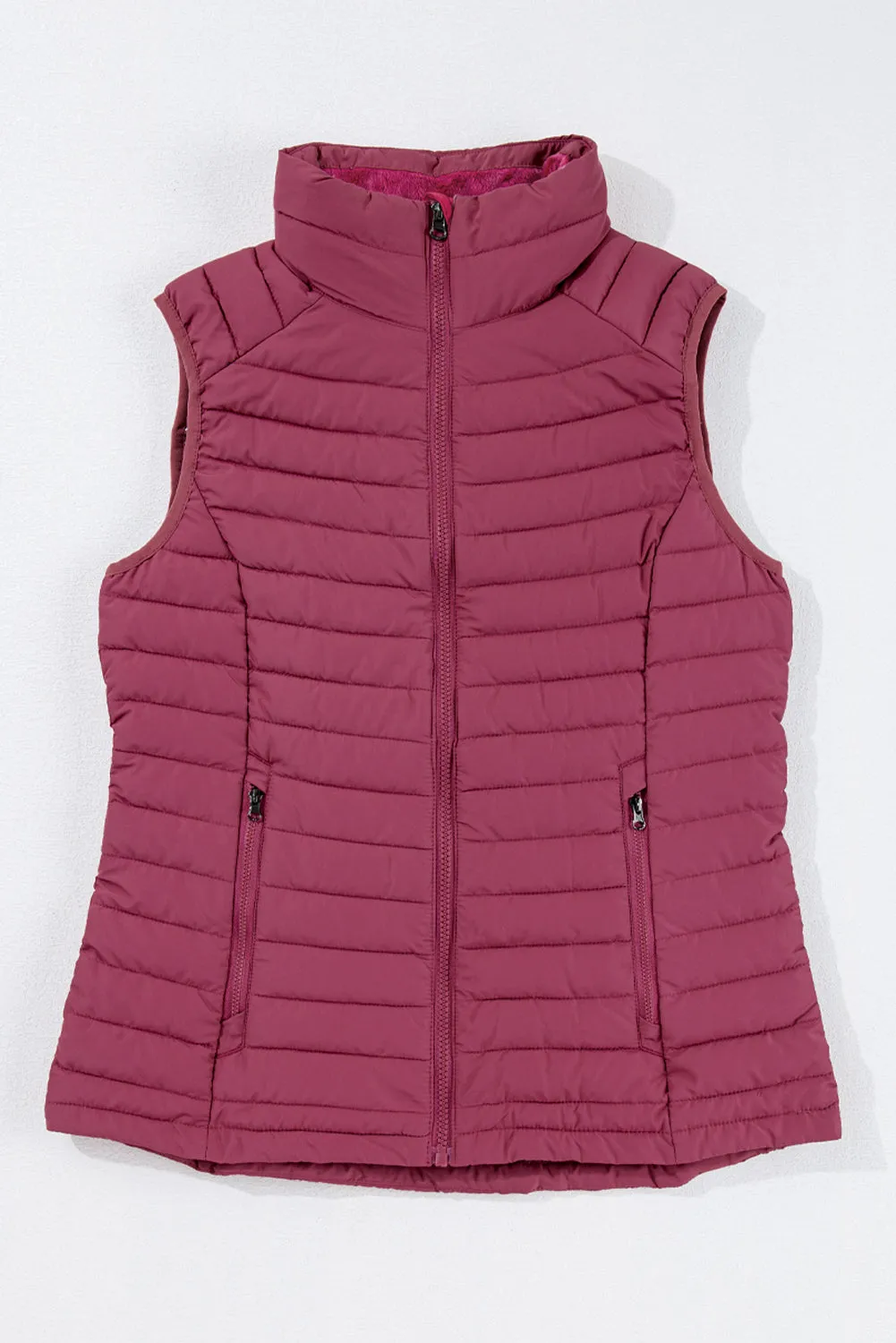 Silvery Plush Collared Quilted Zipped Puffer Vest