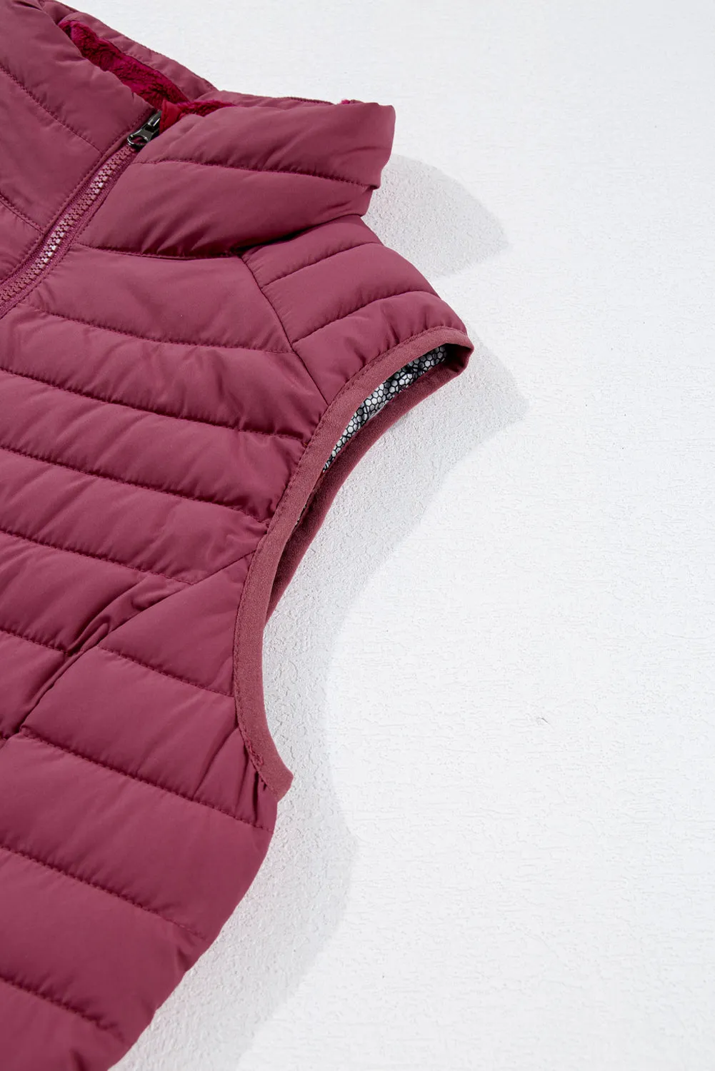 Silvery Plush Collared Quilted Zipped Puffer Vest