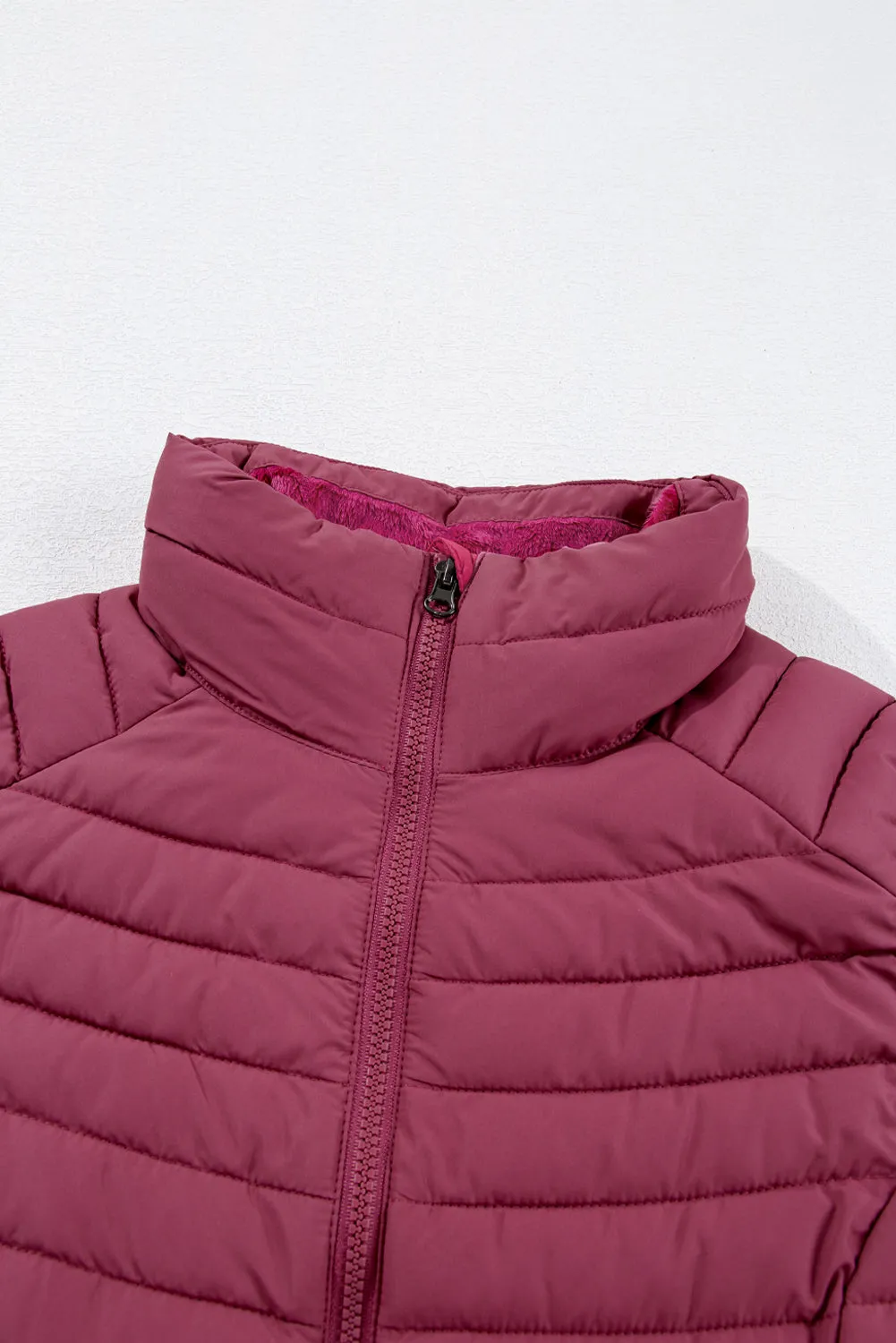 Silvery Plush Collared Quilted Zipped Puffer Vest