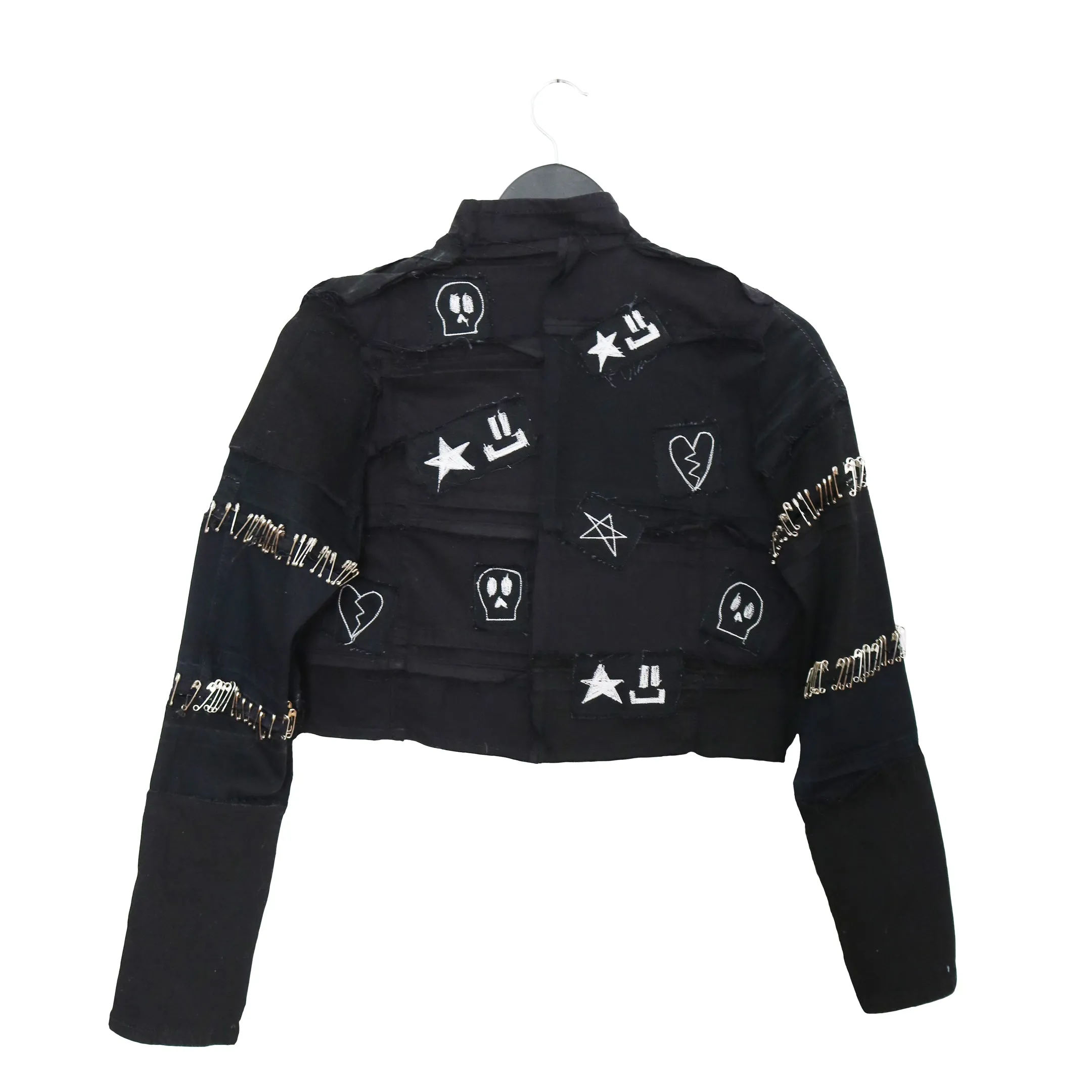 Sketchead - Upcycled Denim Crop Jacket with patches and safety pins