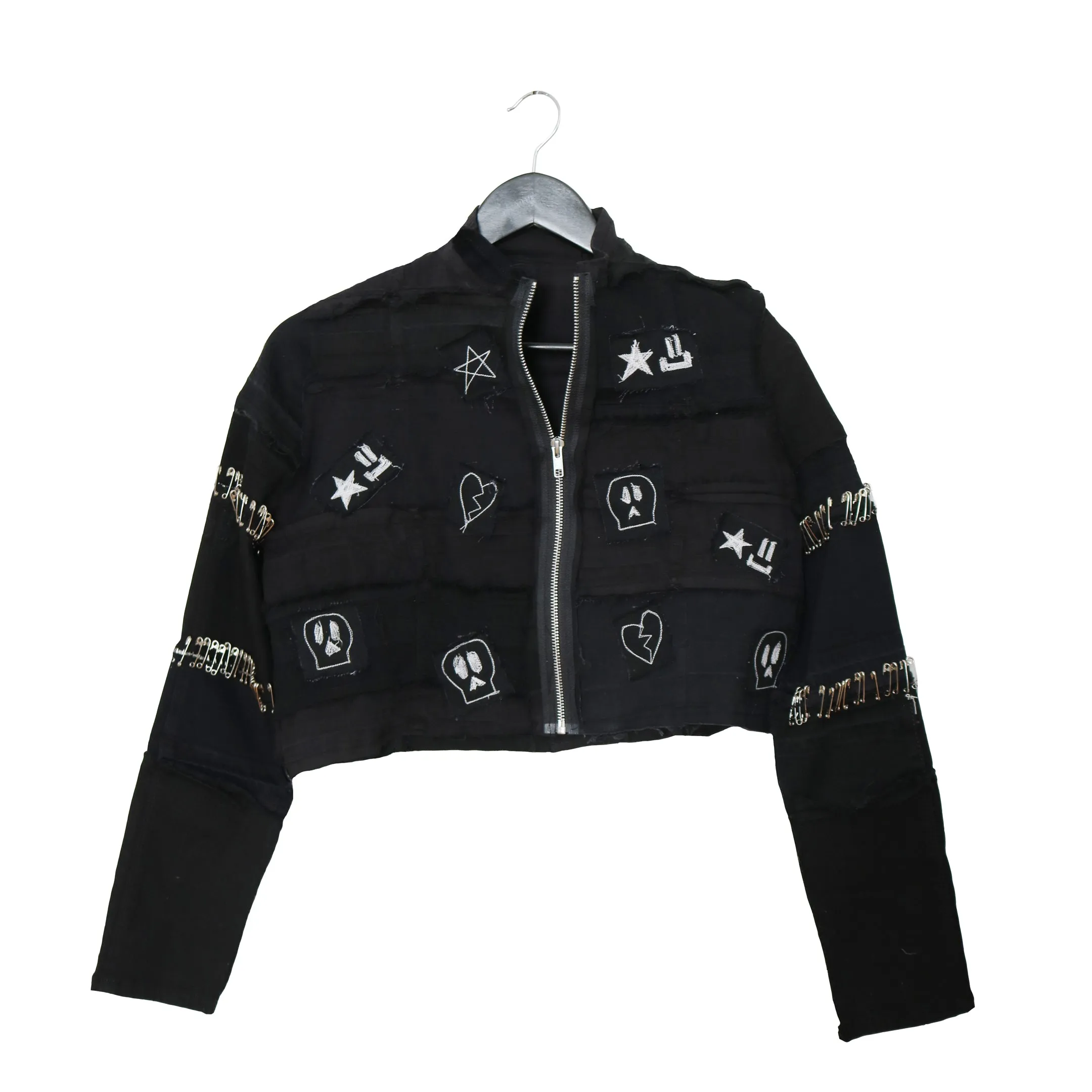 Sketchead - Upcycled Denim Crop Jacket with patches and safety pins