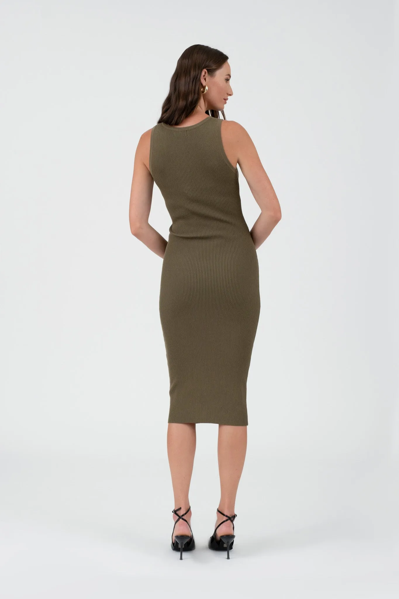 SLEEVELESS HENLEY SWEATER KNIT MIDI DRESS
