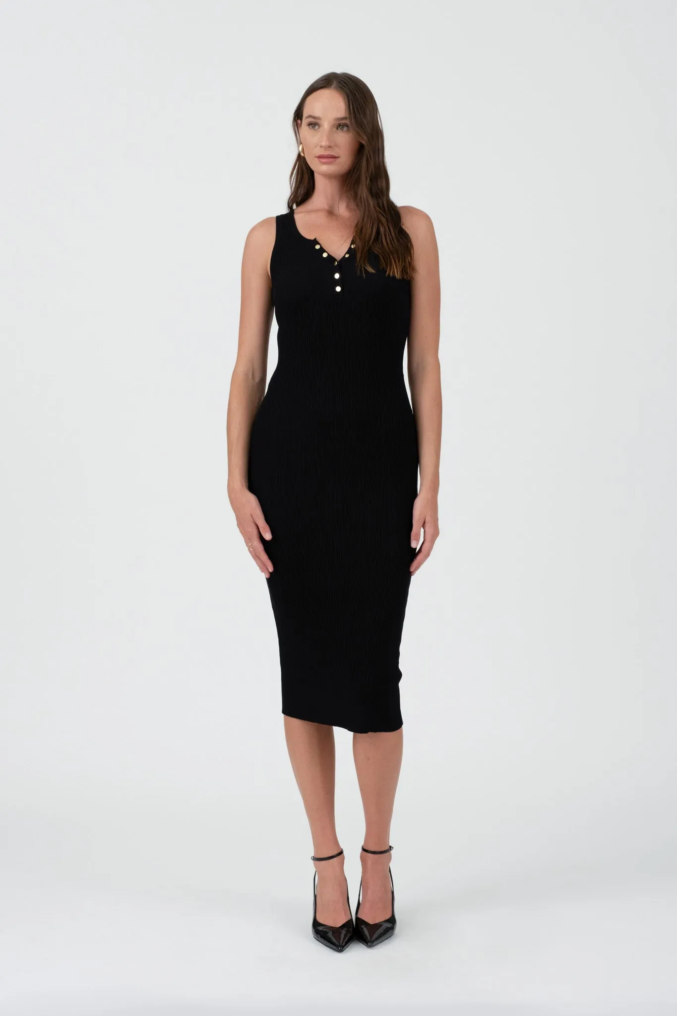 SLEEVELESS HENLEY SWEATER KNIT MIDI DRESS