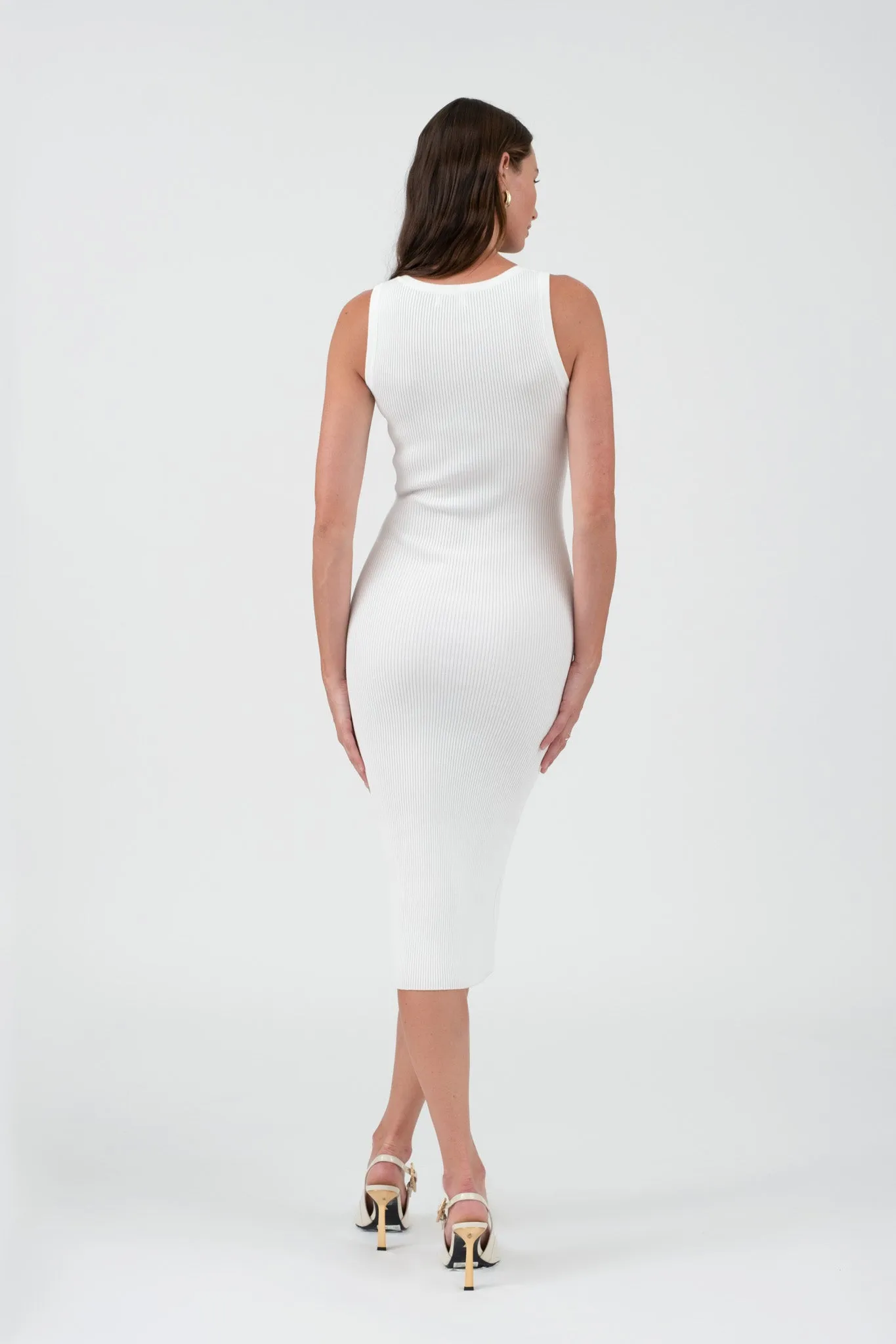 SLEEVELESS HENLEY SWEATER KNIT MIDI DRESS