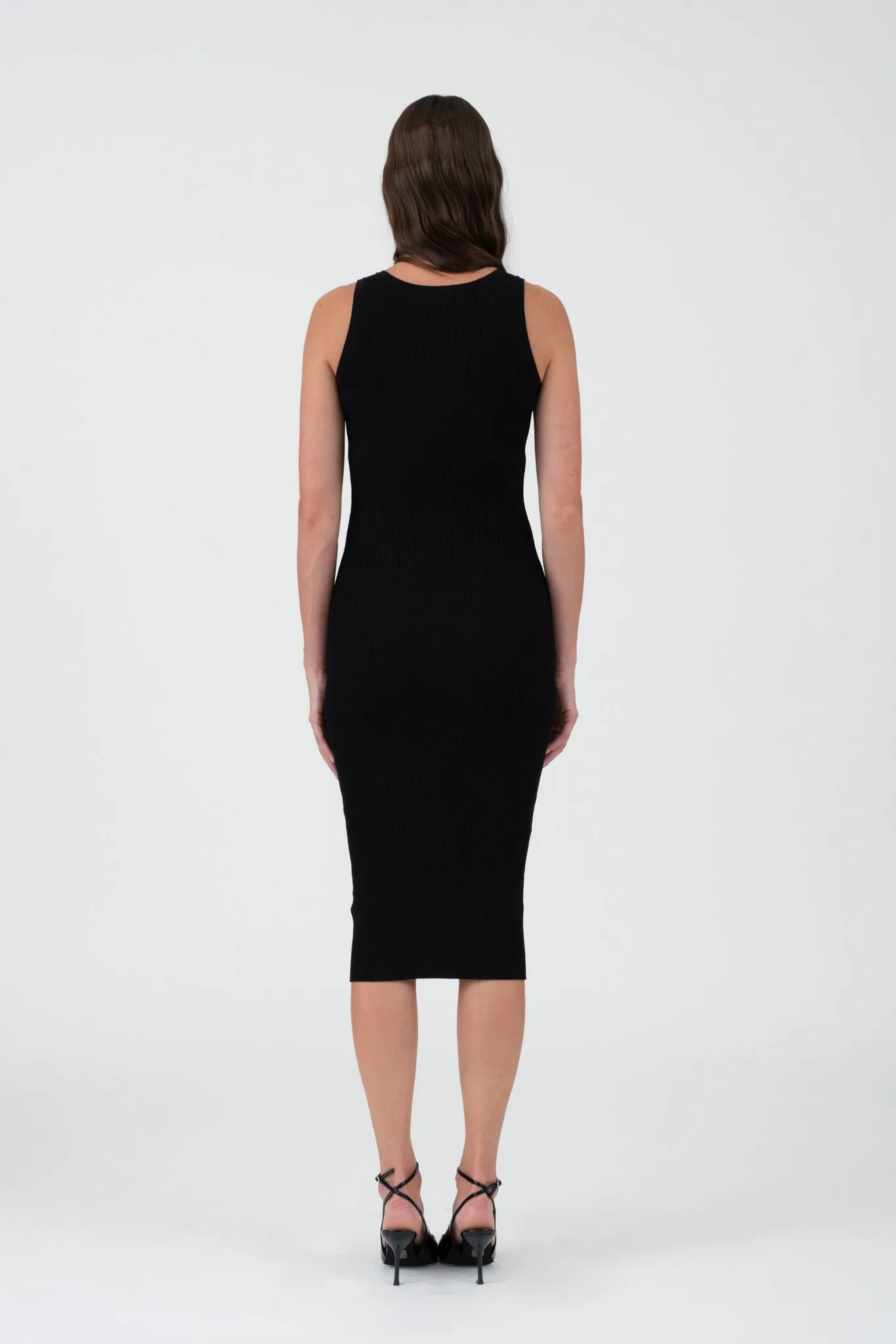 SLEEVELESS HENLEY SWEATER KNIT MIDI DRESS