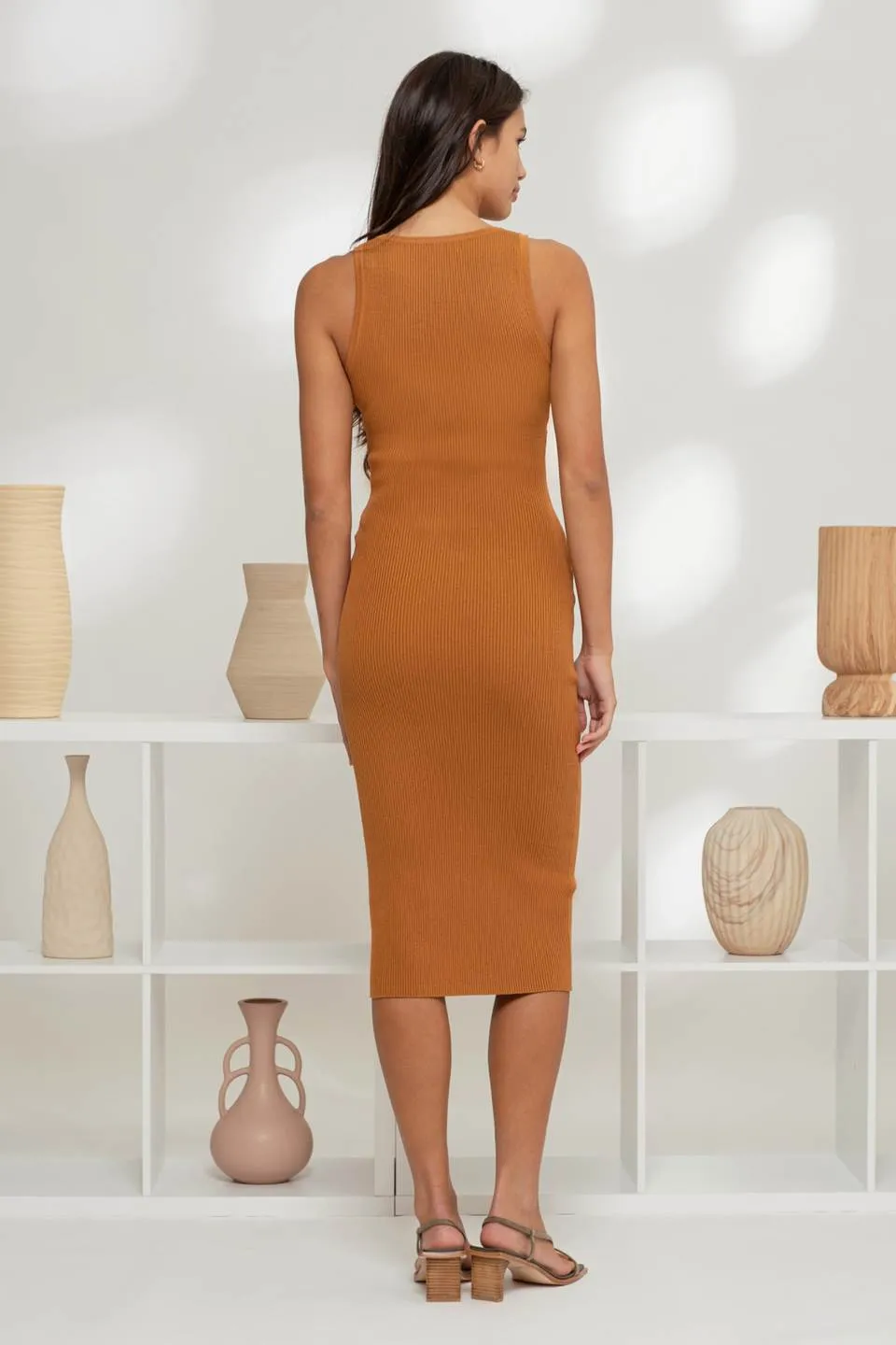 SLEEVELESS HENLEY SWEATER KNIT MIDI DRESS