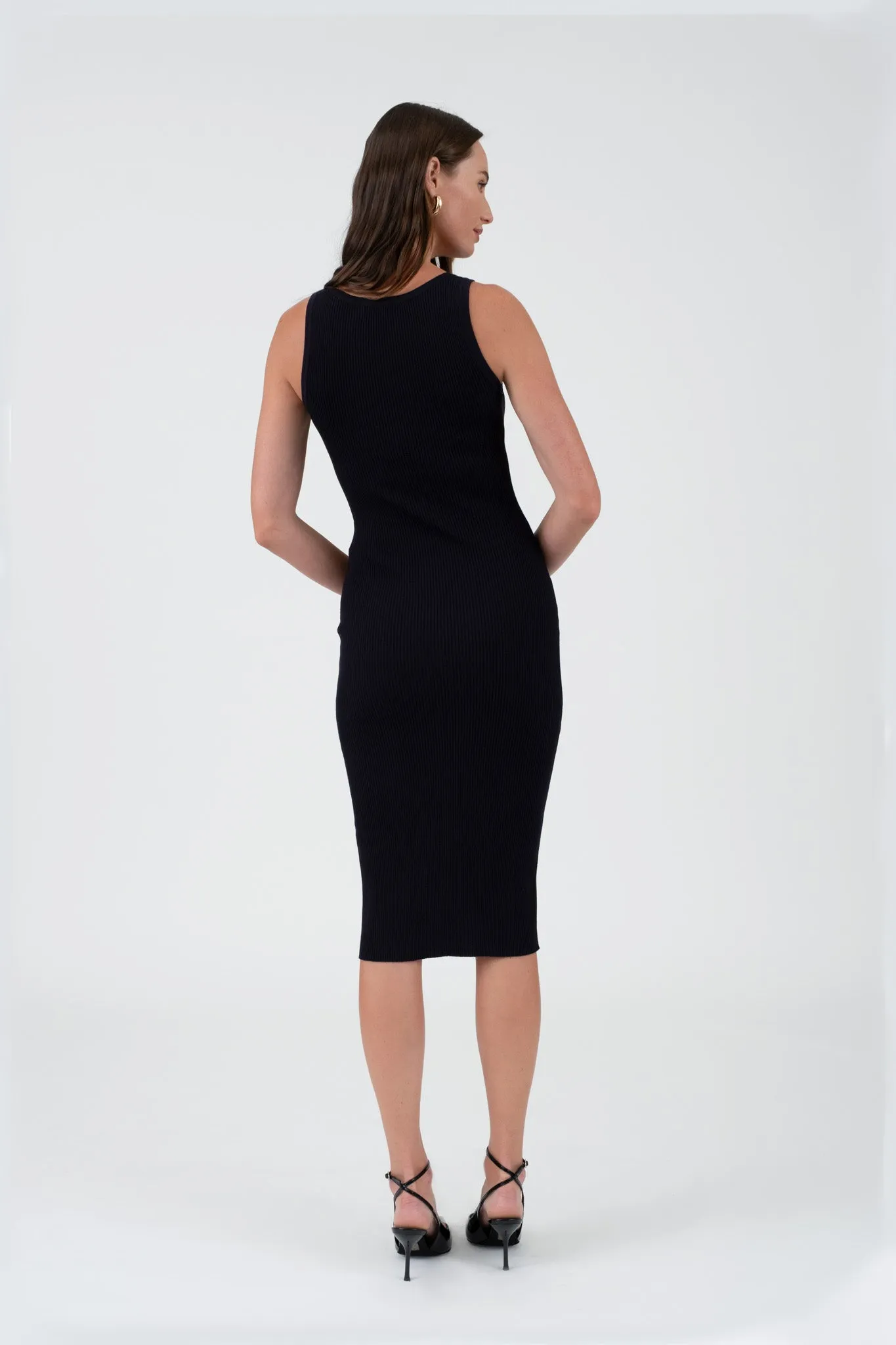 SLEEVELESS HENLEY SWEATER KNIT MIDI DRESS
