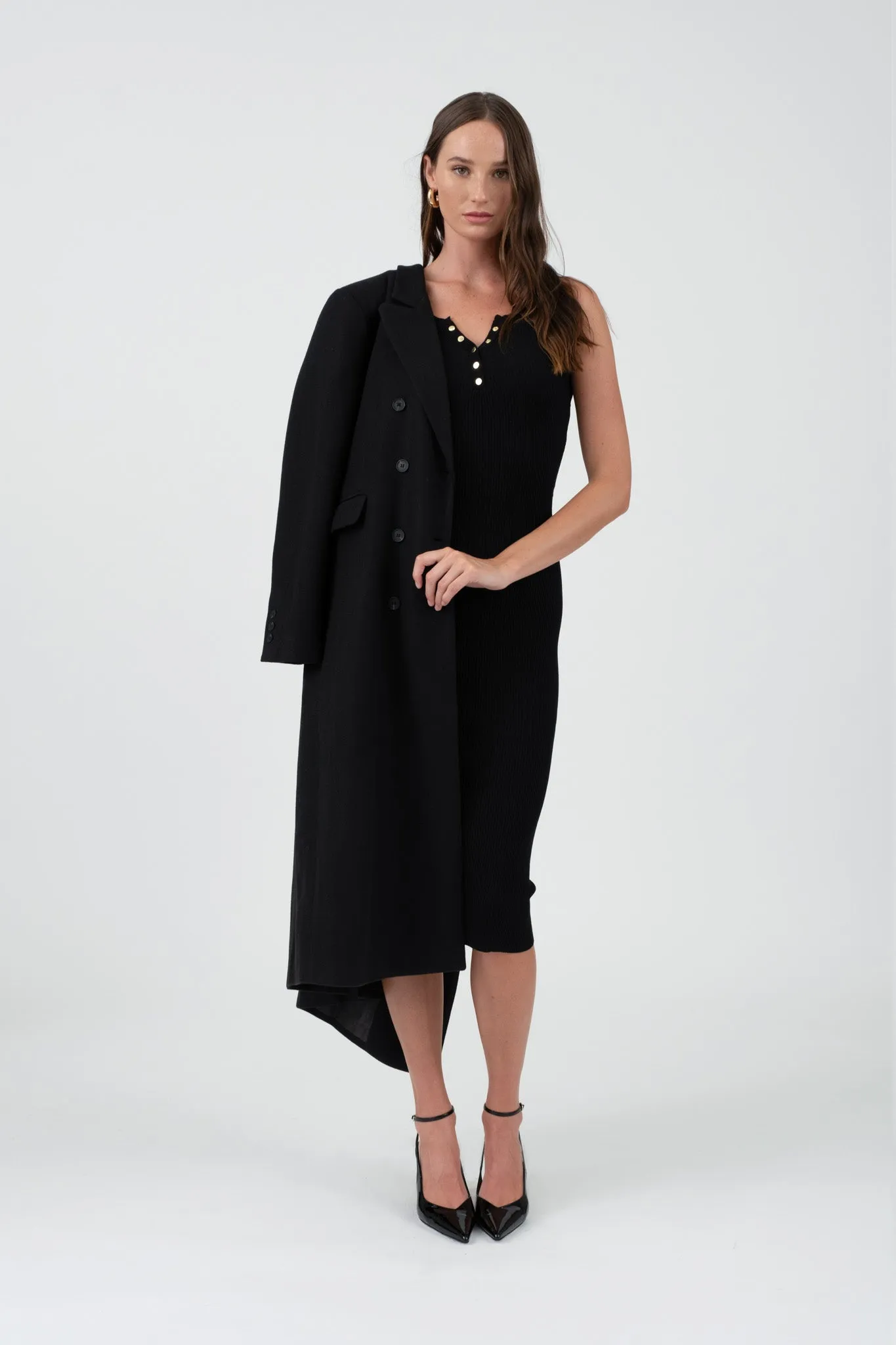 SLEEVELESS HENLEY SWEATER KNIT MIDI DRESS