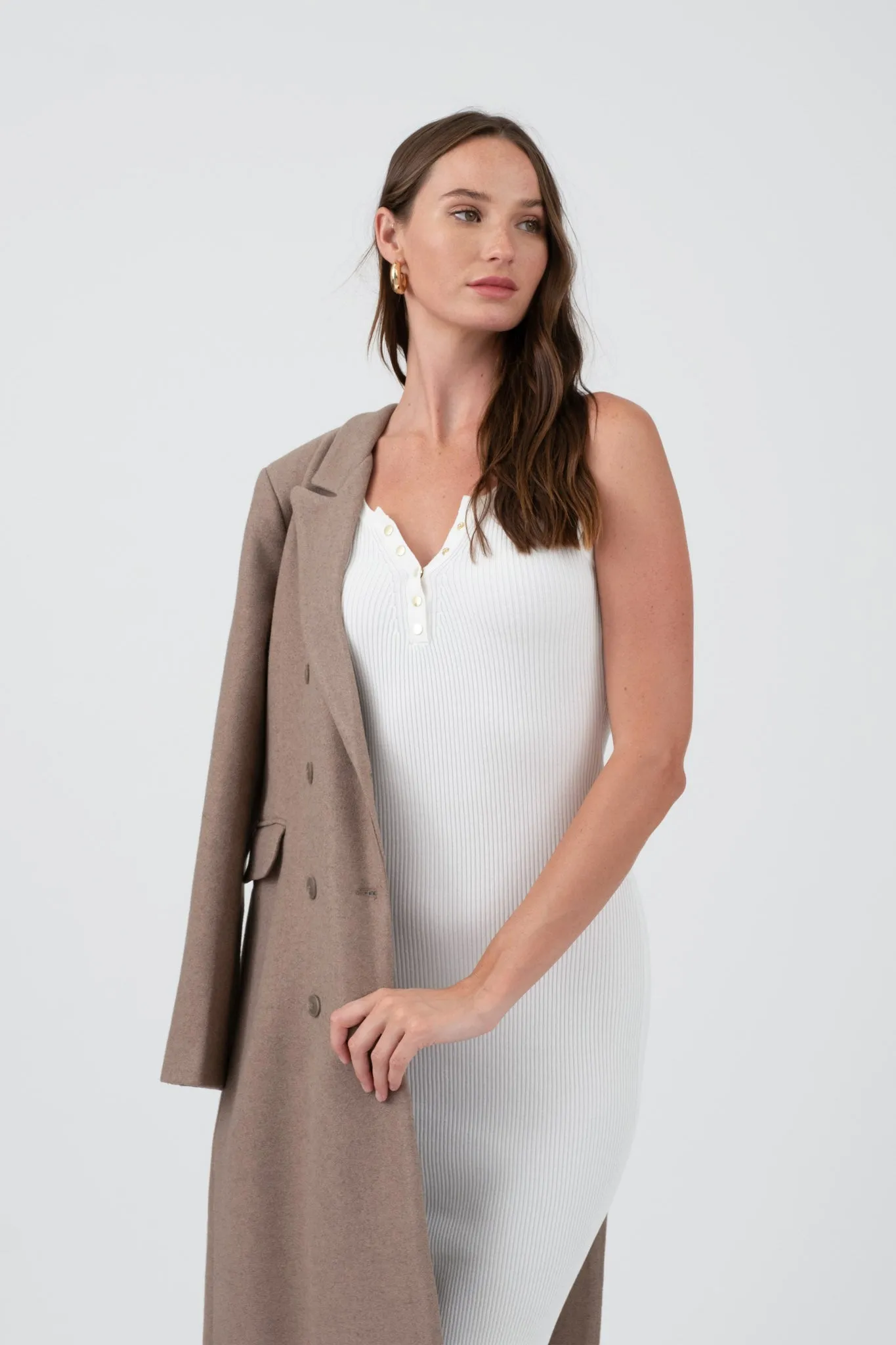 SLEEVELESS HENLEY SWEATER KNIT MIDI DRESS
