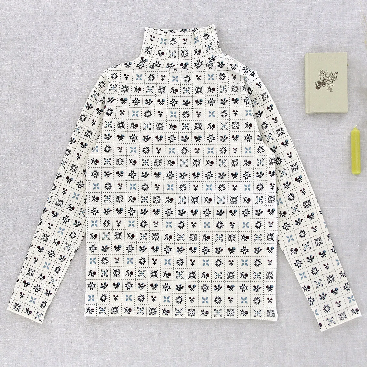 Snap Turtleneck in Cream Folk Quilt by Iver & Isla