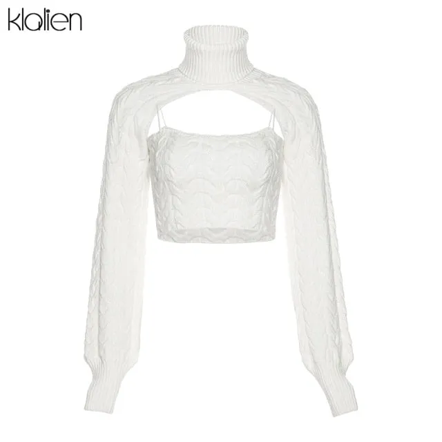 Trendy Long Sleeve Turtleneck Pullover And Camisole Sweater Set
