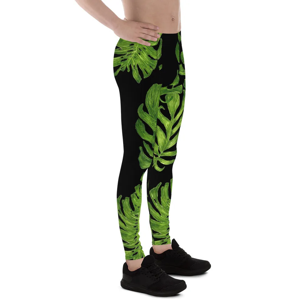 Tropical Print Meggings, Black Green Palm Print Men's Leggings Tights -Made in USA/EU