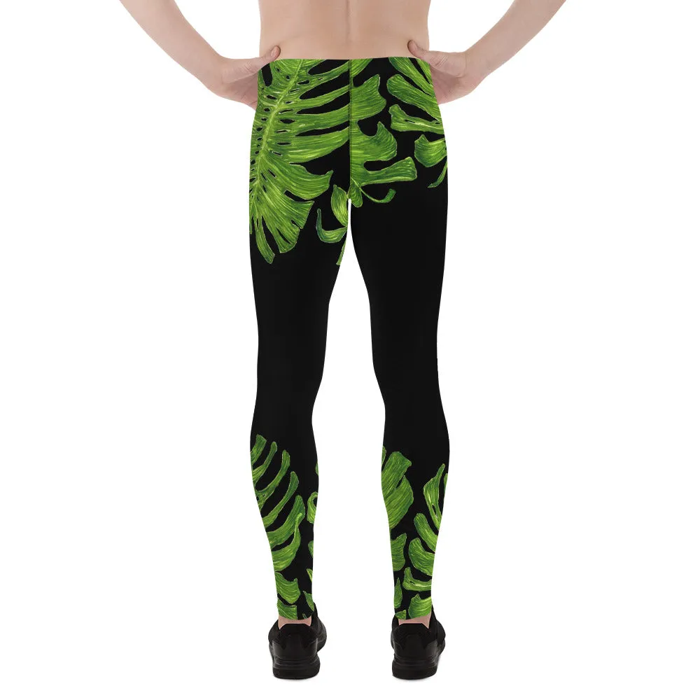 Tropical Print Meggings, Black Green Palm Print Men's Leggings Tights -Made in USA/EU