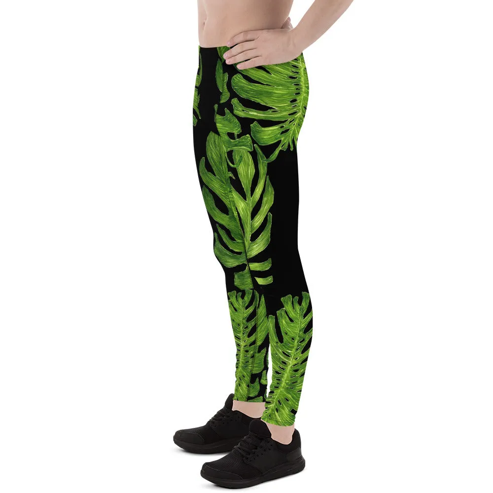 Tropical Print Meggings, Black Green Palm Print Men's Leggings Tights -Made in USA/EU