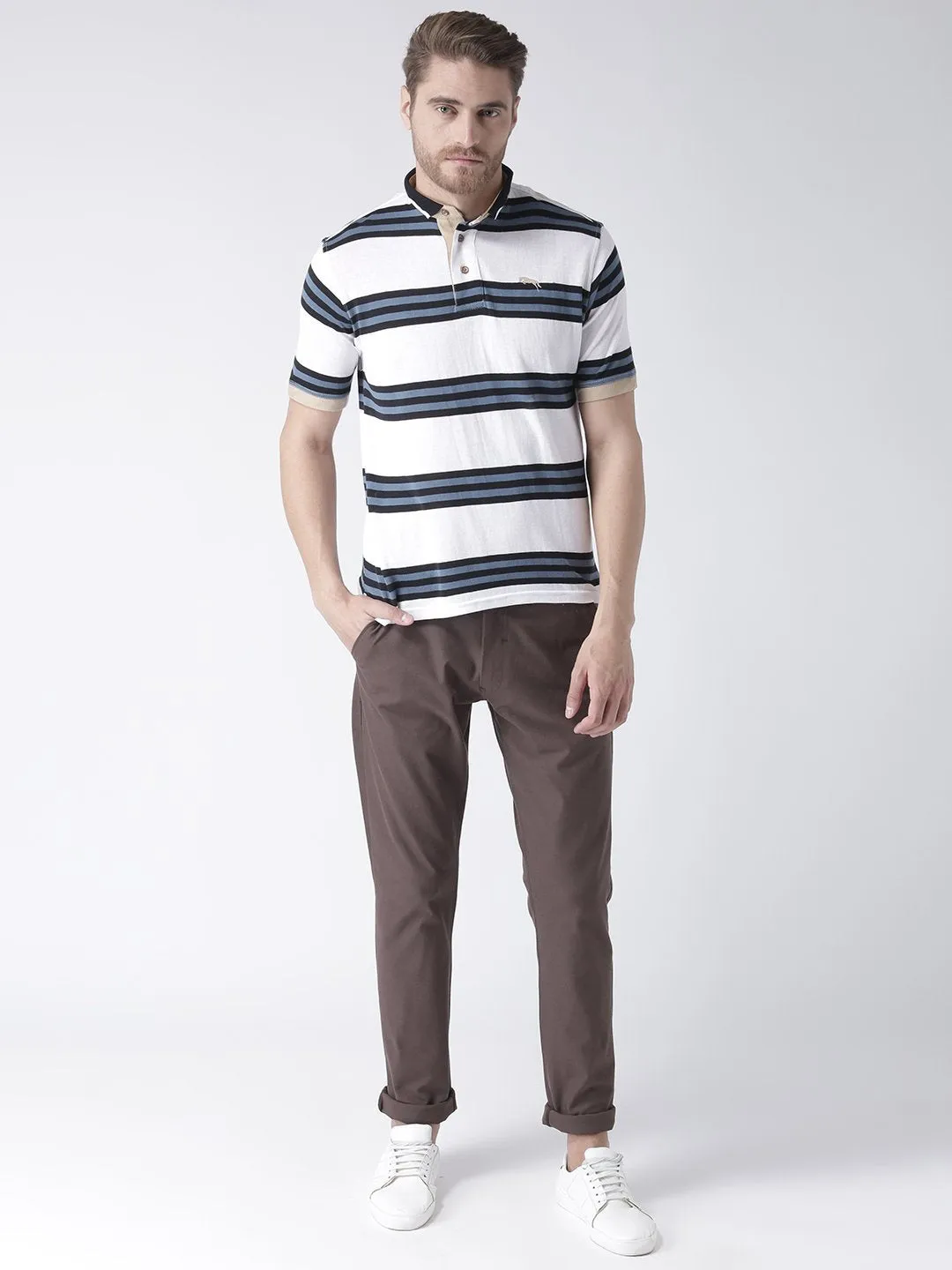 White, Black & Blue Stripped Cotton T-Shirt