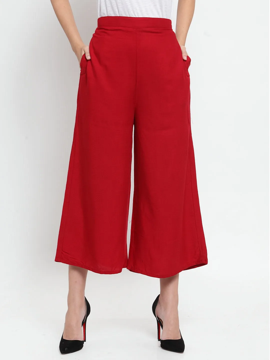 Women'S Maroon Solid Rayon Culottes